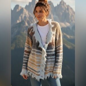 Aelfric Eden Fringed button up v-neck Cardigan in Blue and Tan L

PTP 27”
